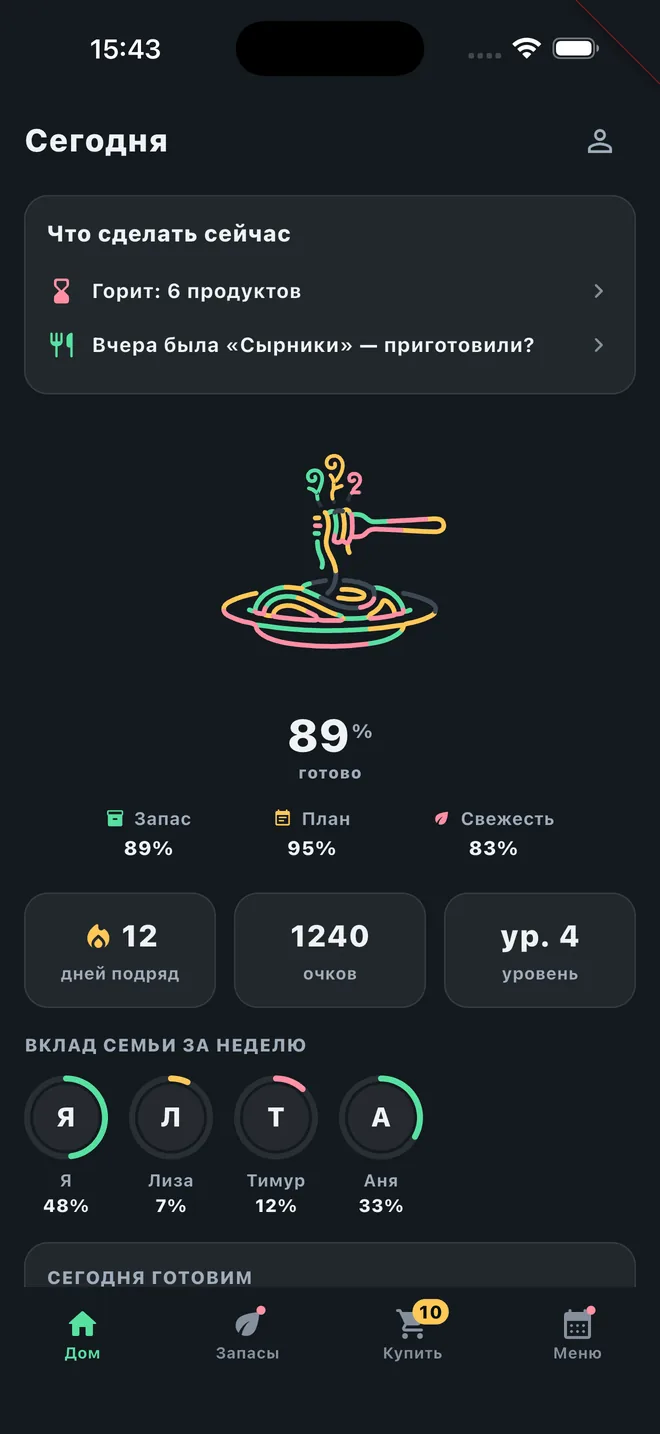 Главный экран в тёмной теме: дела кухни и Kitchen Score с кольцами Запас, План, Свежесть.