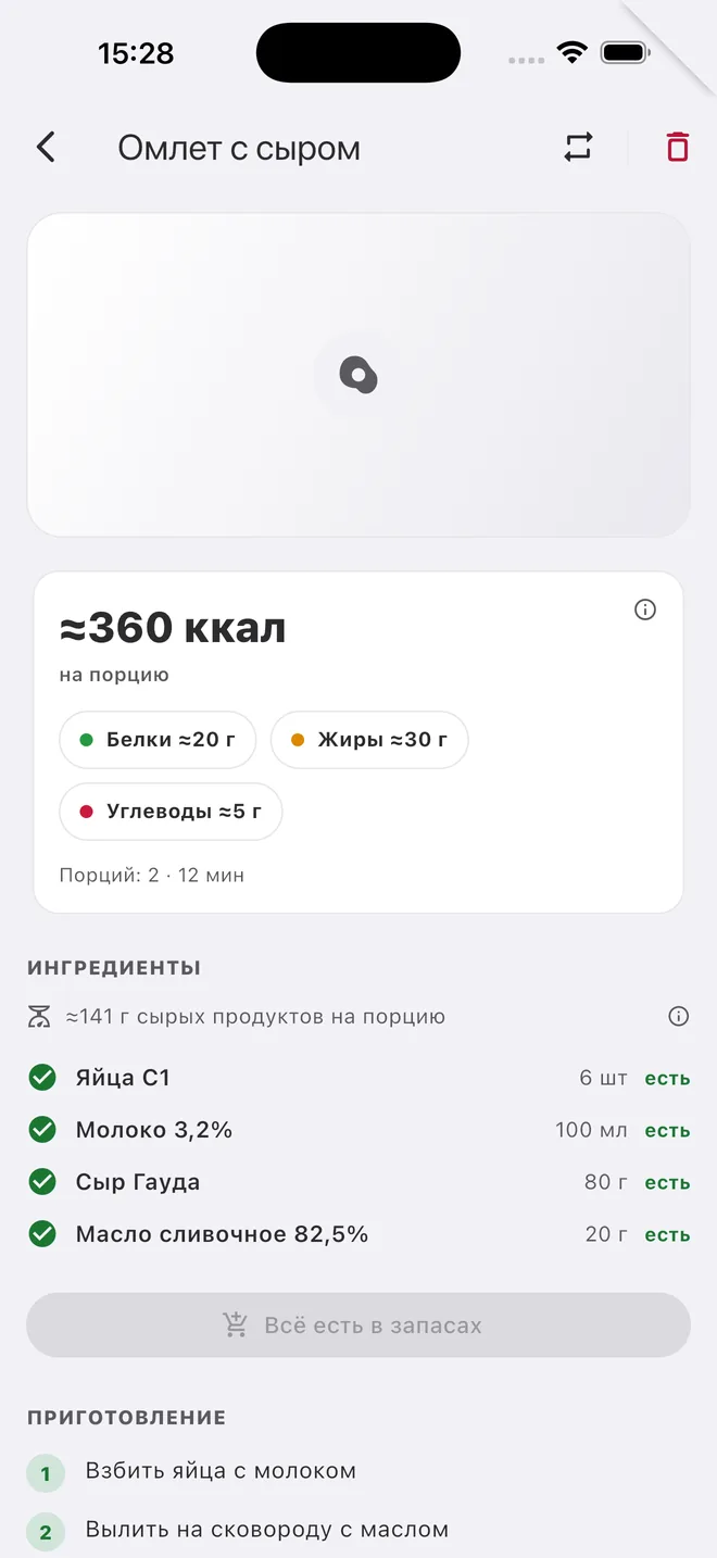 Карточка блюда «Омлет с сыром»: около 360 ккал на порцию, белки, жиры и углеводы, ингредиенты с отметкой «есть», кнопка «Всё есть в запасах», шаги приготовления.